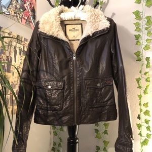 Brown Hollister Leather Jacket, Faux Fur Lined